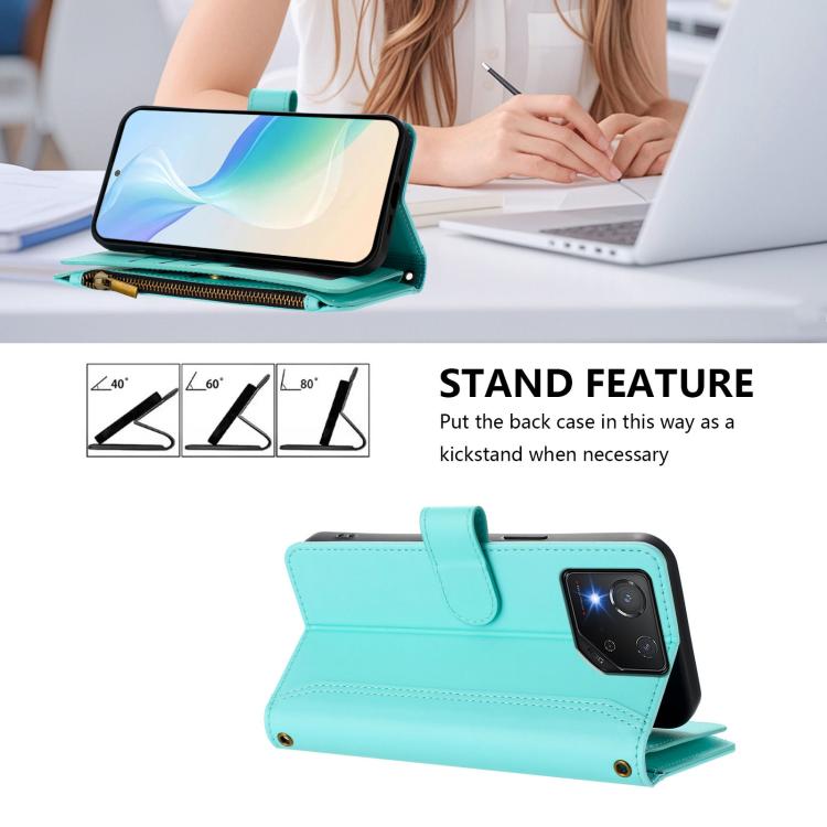 For Asus ROG Phone 8 / 8 Pro Magnetic Closure 9 Card Slots Zipper Leather Case with Hand Strap