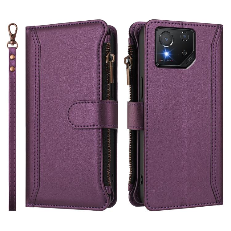 For Asus ROG Phone 8 / 8 Pro Magnetic Closure 9 Card Slots Zipper Leather Case with Hand Strap