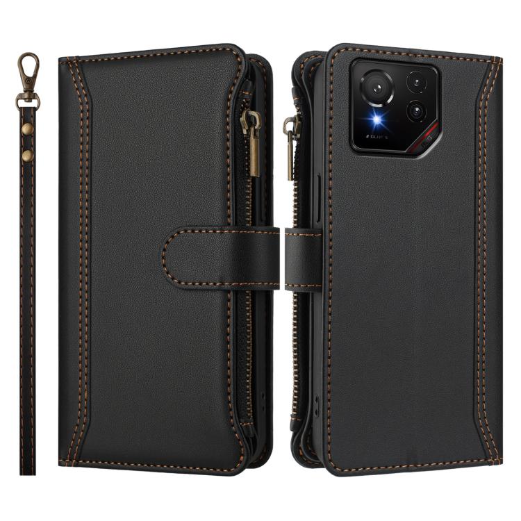 For Asus ROG Phone 9 / 9 Pro Magnetic Closure 9 Card Slots Zipper Leather Case with Hand Strap