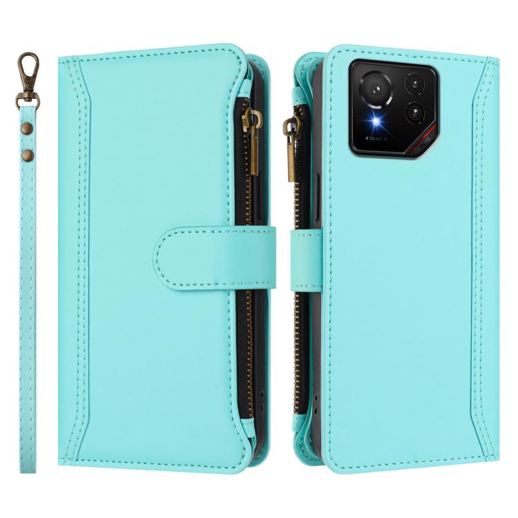 For Asus ROG Phone 9 / 9 Pro Magnetic Closure 9 Card Slots Zipper Leather Case with Hand Strap