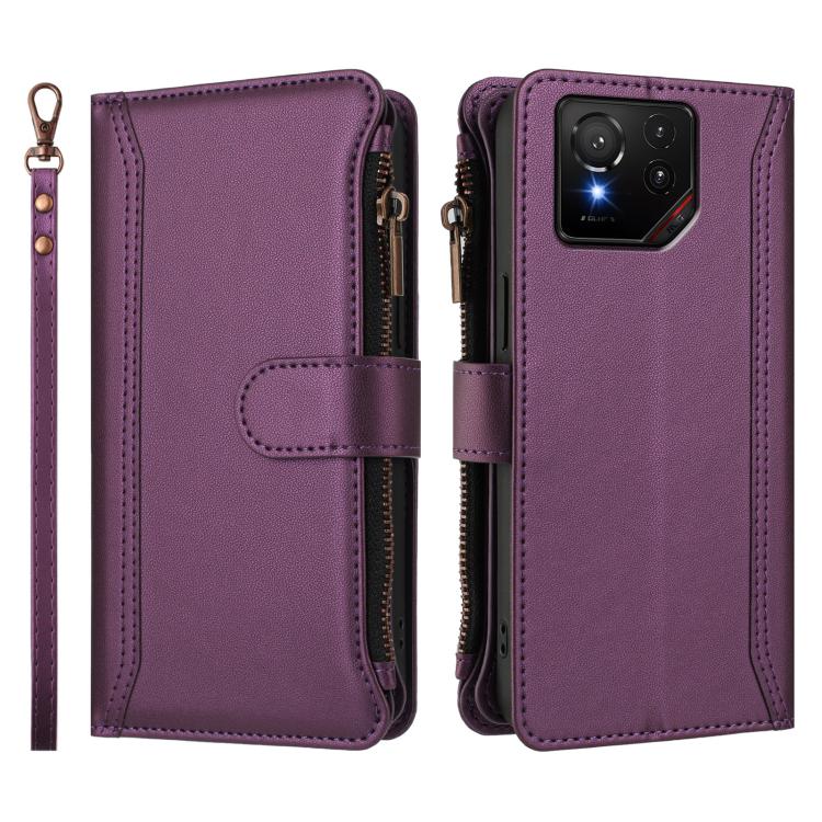 For Asus ROG Phone 9 / 9 Pro Magnetic Closure 9 Card Slots Zipper Leather Case with Hand Strap