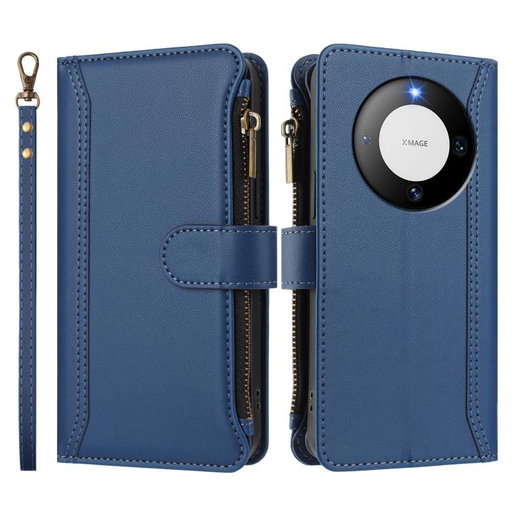 For Huawei Mate 60 Magnetic Closure 9 Card Slots Zipper Leather Case with Hand Strap