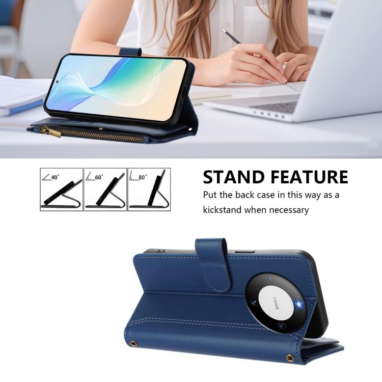 For Huawei Mate 60 Magnetic Closure 9 Card Slots Zipper Leather Case with Hand Strap