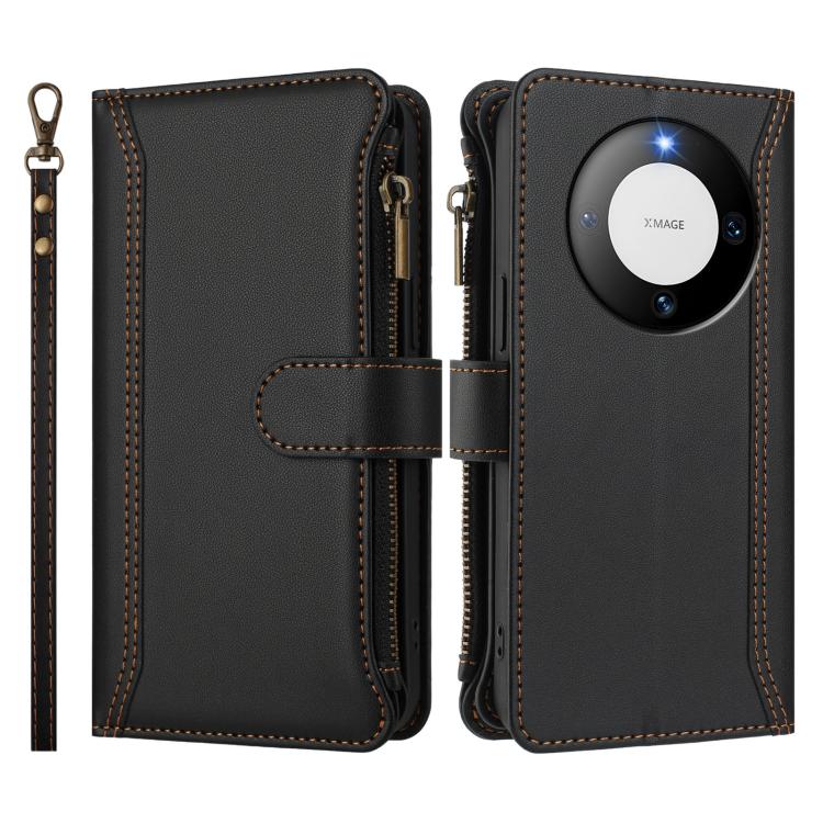 For Huawei Mate 60 Magnetic Closure 9 Card Slots Zipper Leather Case with Hand Strap