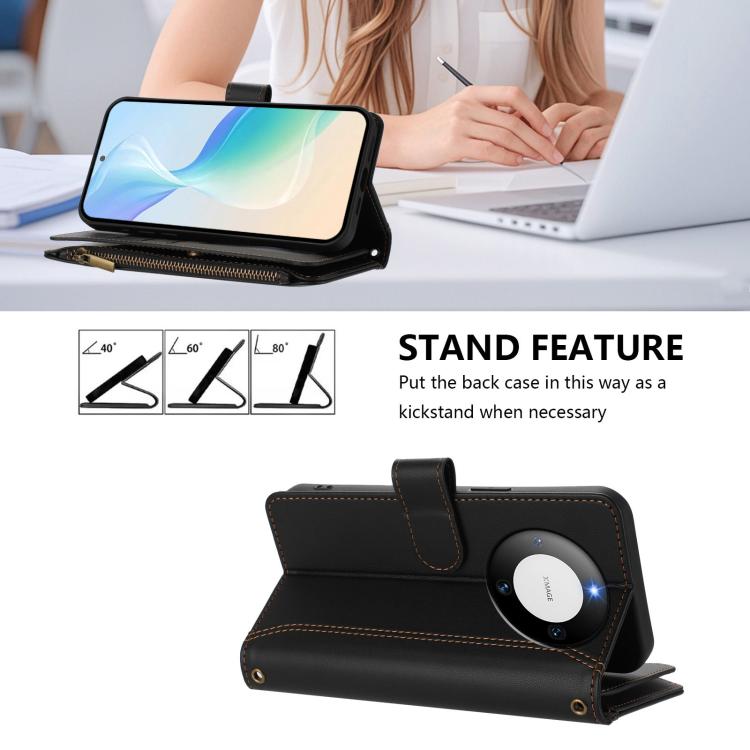 For Huawei Mate 60 Magnetic Closure 9 Card Slots Zipper Leather Case with Hand Strap