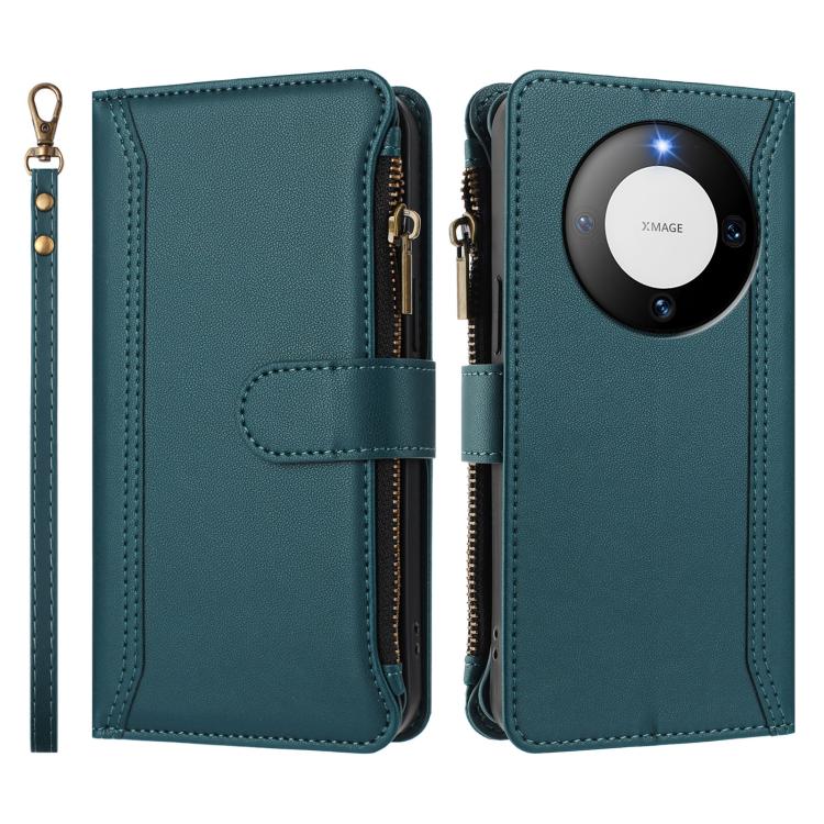 For Huawei Mate 60 Magnetic Closure 9 Card Slots Zipper Leather Case with Hand Strap
