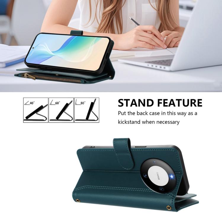 For Huawei Mate 60 Magnetic Closure 9 Card Slots Zipper Leather Case with Hand Strap