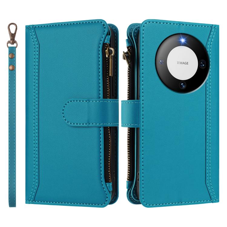 For Huawei Mate 60 Magnetic Closure 9 Card Slots Zipper Leather Case with Hand Strap