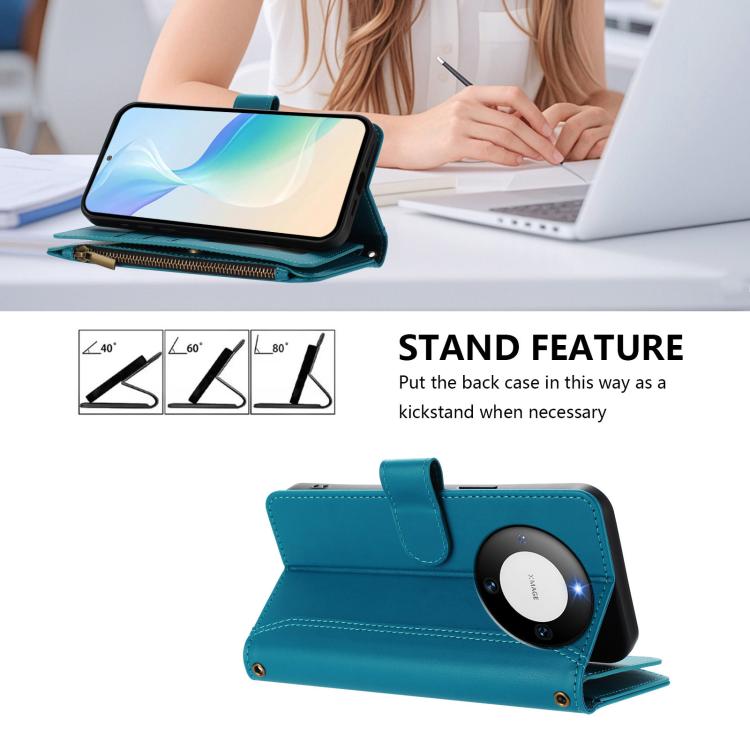 For Huawei Mate 60 Magnetic Closure 9 Card Slots Zipper Leather Case with Hand Strap