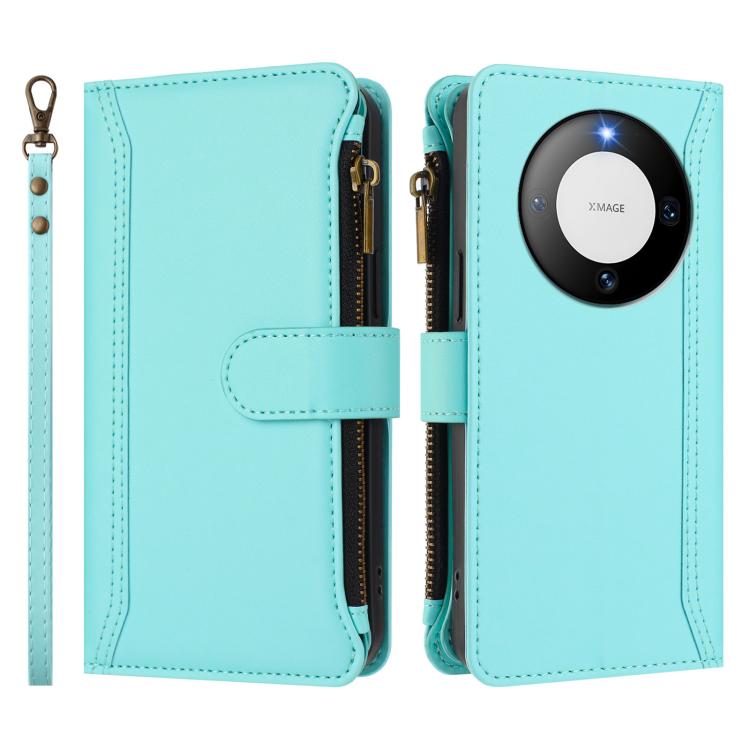 For Huawei Mate 60 Magnetic Closure 9 Card Slots Zipper Leather Case with Hand Strap