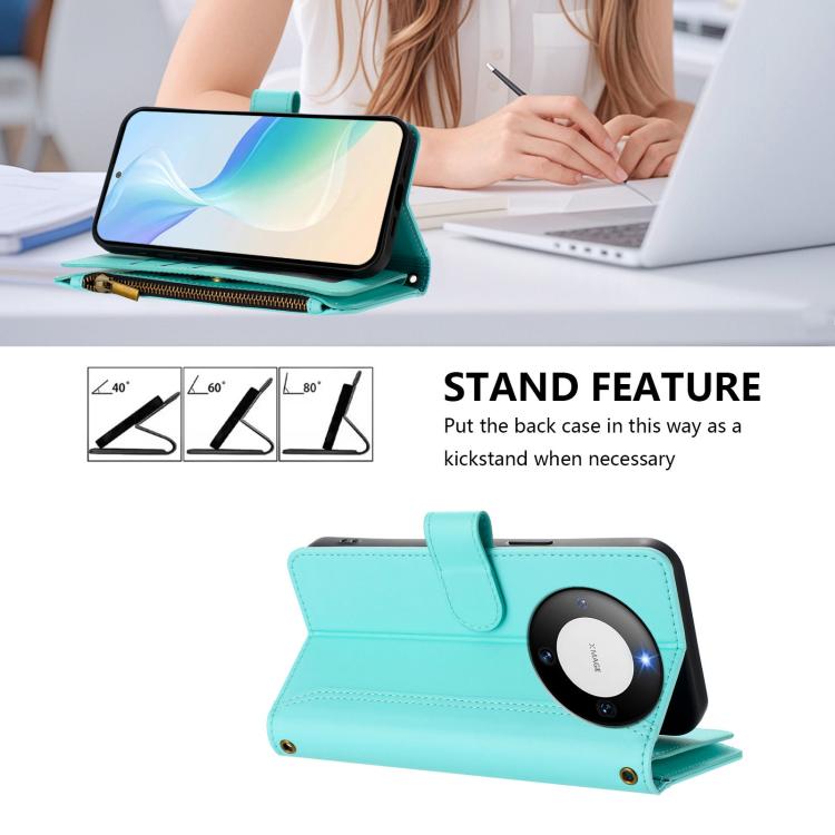 For Huawei Mate 60 Magnetic Closure 9 Card Slots Zipper Leather Case with Hand Strap