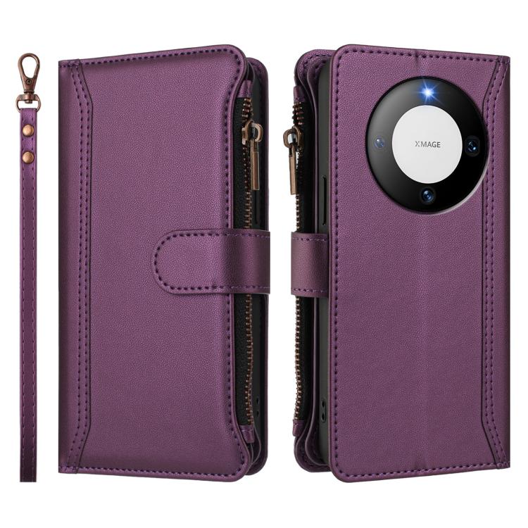 For Huawei Mate 60 Magnetic Closure 9 Card Slots Zipper Leather Case with Hand Strap