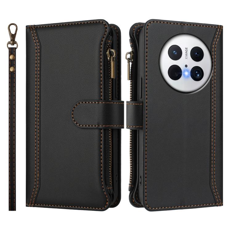 For Huawei Mate 70 Magnetic Closure 9 Card Slots Zipper Leather Case with Hand Strap