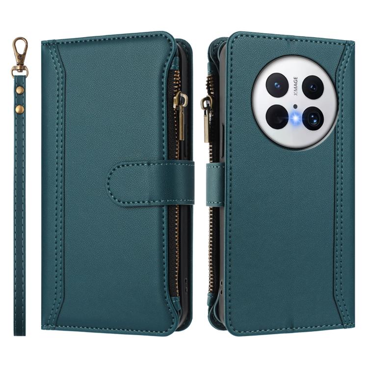 For Huawei Mate 70 Magnetic Closure 9 Card Slots Zipper Leather Case with Hand Strap