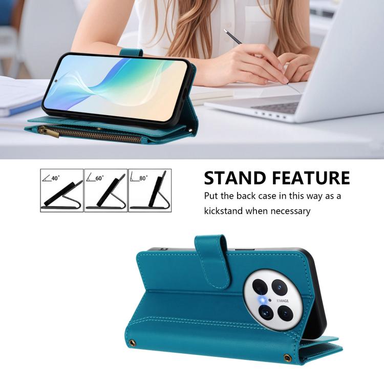 For Huawei Mate 70 Magnetic Closure 9 Card Slots Zipper Leather Case with Hand Strap