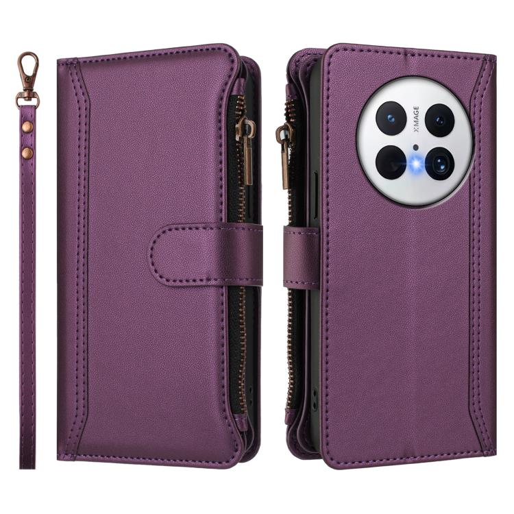 For Huawei Mate 70 Magnetic Closure 9 Card Slots Zipper Leather Case with Hand Strap