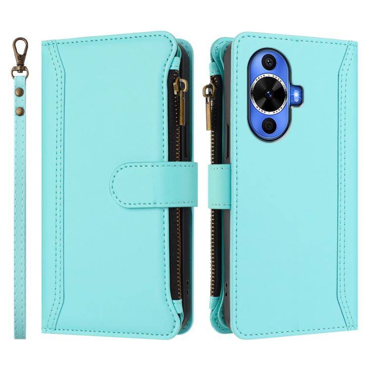 For Huawei nova 12s 4G Global Magnetic Closure 9 Card Slots Zipper Leather Case with Hand Strap