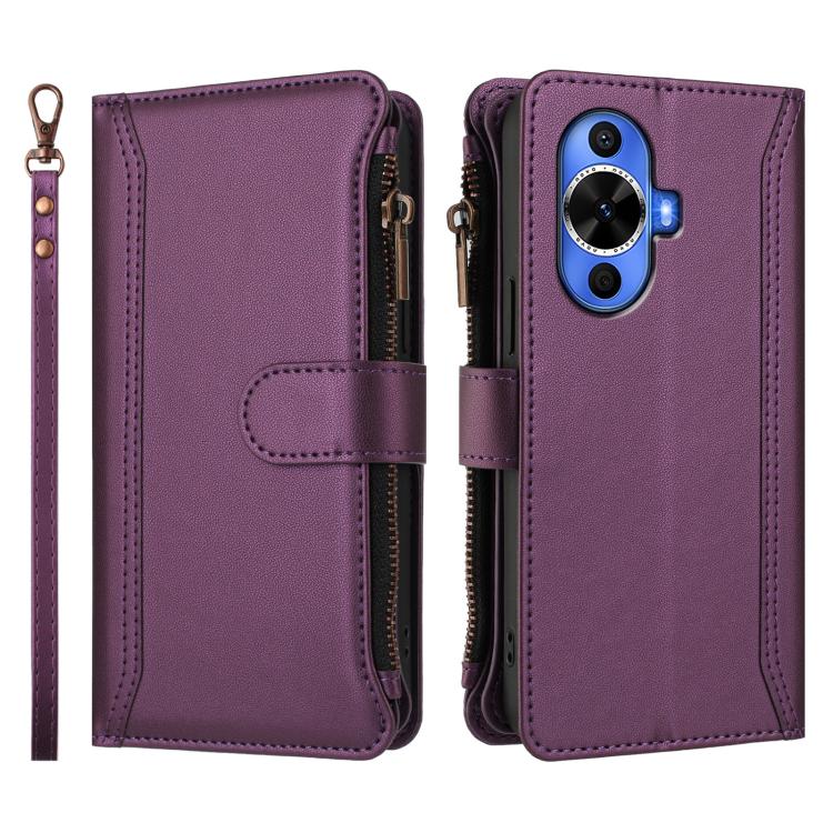For Huawei nova 12s 4G Global Magnetic Closure 9 Card Slots Zipper Leather Case with Hand Strap