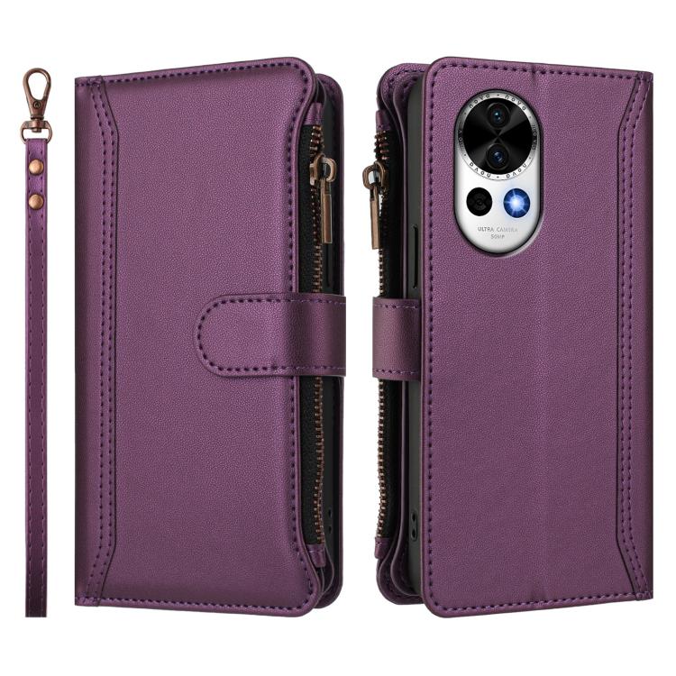 For Huawei nova 13 / nova 12 Magnetic Closure 9 Card Slots Zipper Leather Case with Hand Strap