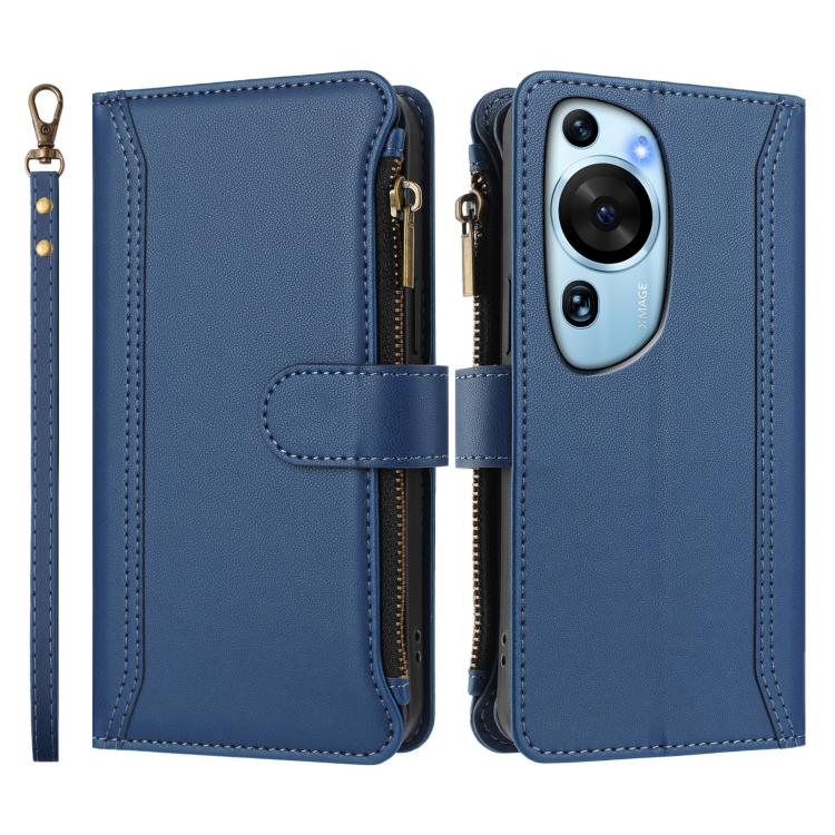 For Huawei P60 Art Magnetic Closure 9 Card Slots Zipper Leather Case with Hand Strap