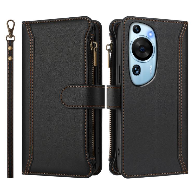 For Huawei P60 Art Magnetic Closure 9 Card Slots Zipper Leather Case with Hand Strap