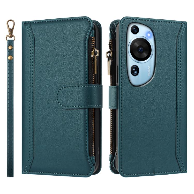 For Huawei P60 Art Magnetic Closure 9 Card Slots Zipper Leather Case with Hand Strap