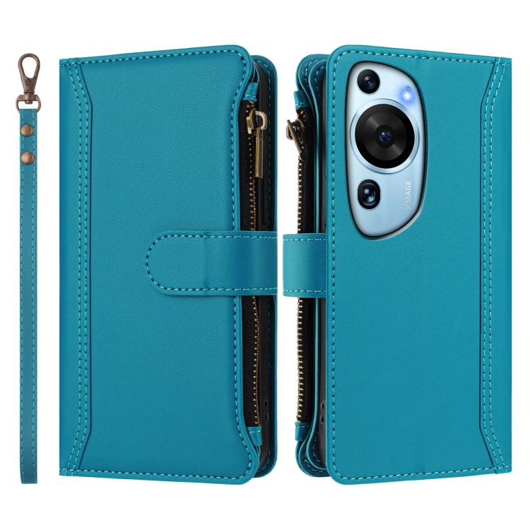 For Huawei P60 Art Magnetic Closure 9 Card Slots Zipper Leather Case with Hand Strap