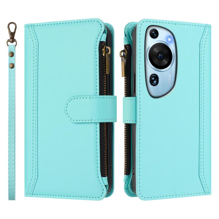 For Huawei P60 Art Magnetic Closure 9 Card Slots Zipper Leather Case with Hand Strap