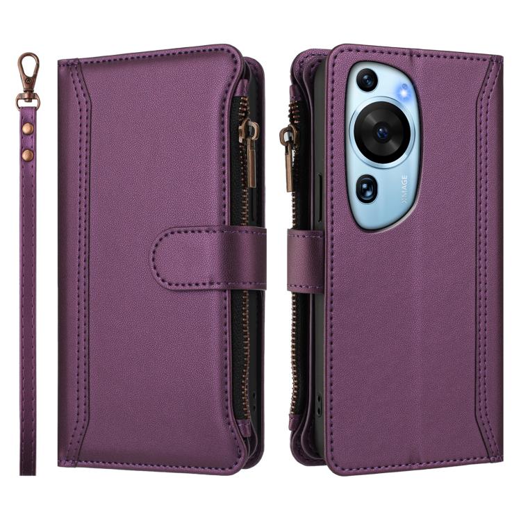 For Huawei P60 Art Magnetic Closure 9 Card Slots Zipper Leather Case with Hand Strap