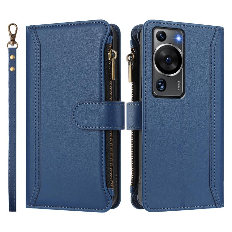 For Huawei P60 / P60 Pro Magnetic Closure 9 Card Slots Zipper Leather Case with Hand Strap