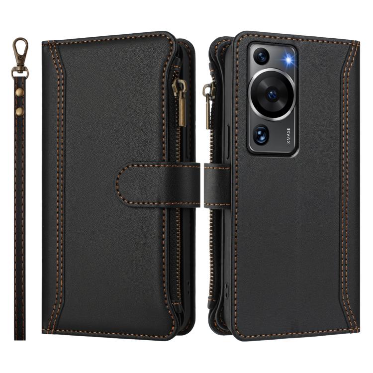 For Huawei P60 / P60 Pro Magnetic Closure 9 Card Slots Zipper Leather Case with Hand Strap