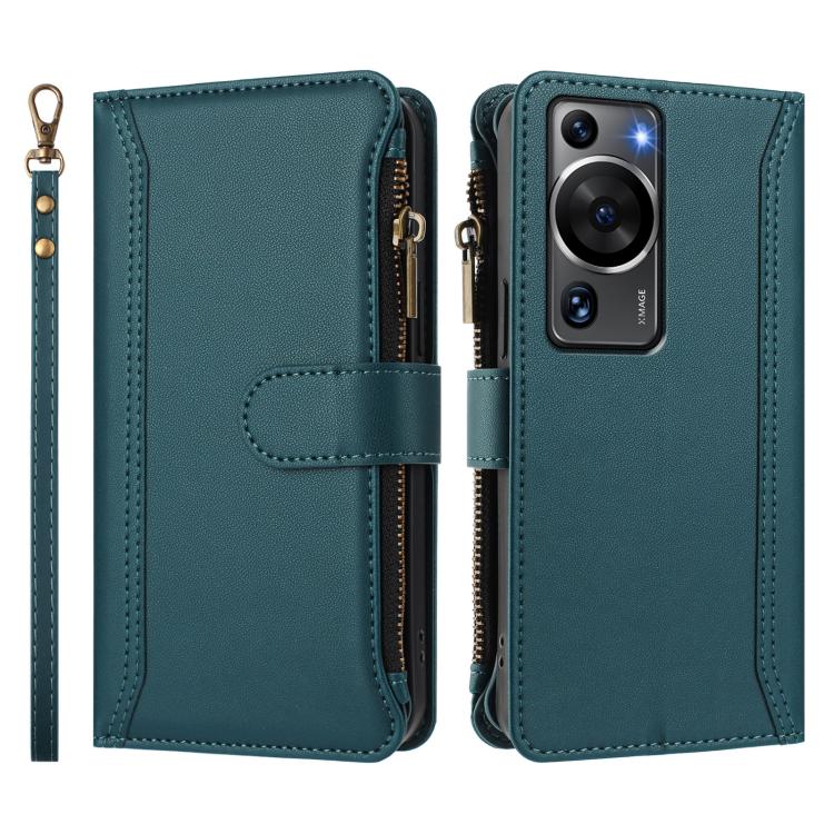For Huawei P60 / P60 Pro Magnetic Closure 9 Card Slots Zipper Leather Case with Hand Strap