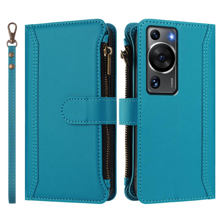 For Huawei P60 / P60 Pro Magnetic Closure 9 Card Slots Zipper Leather Case with Hand Strap