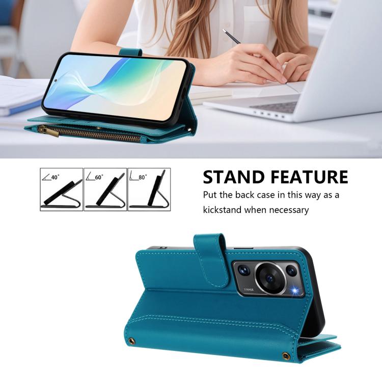 For Huawei P60 / P60 Pro Magnetic Closure 9 Card Slots Zipper Leather Case with Hand Strap