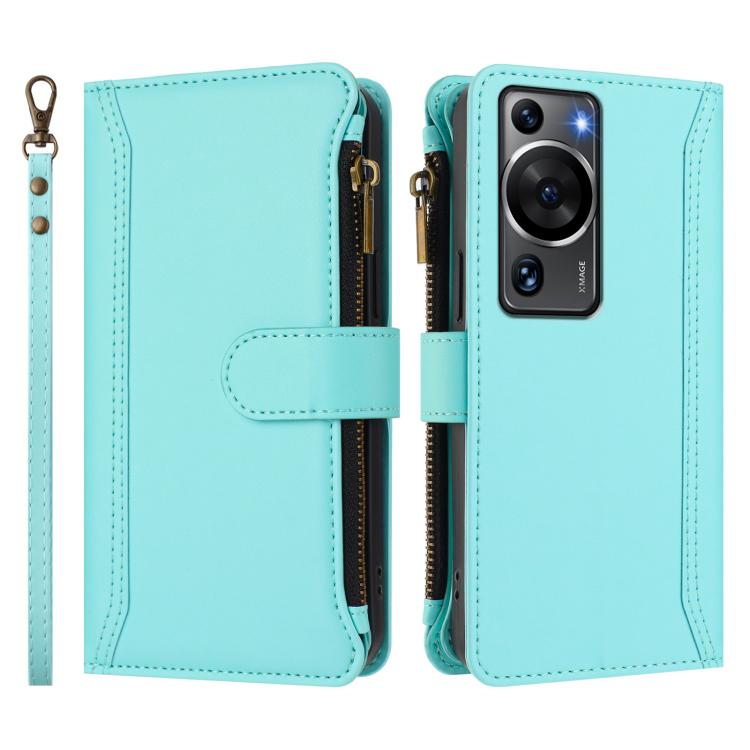 For Huawei P60 / P60 Pro Magnetic Closure 9 Card Slots Zipper Leather Case with Hand Strap