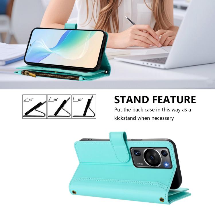 For Huawei P60 / P60 Pro Magnetic Closure 9 Card Slots Zipper Leather Case with Hand Strap