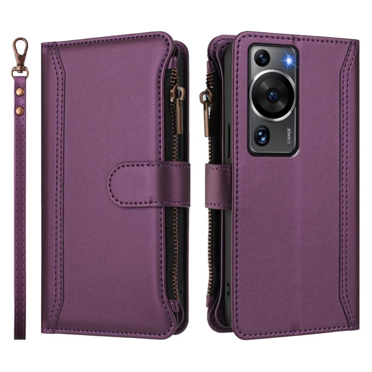 For Huawei P60 / P60 Pro Magnetic Closure 9 Card Slots Zipper Leather Case with Hand Strap
