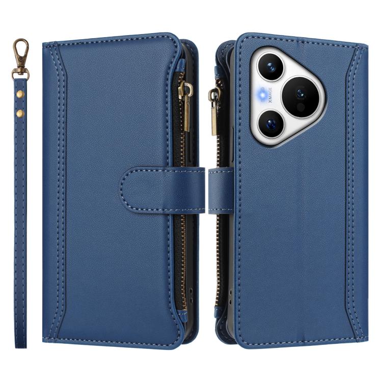 For Huawei Pura 70 Magnetic Closure 9 Card Slots Zipper Leather Case with Hand Strap
