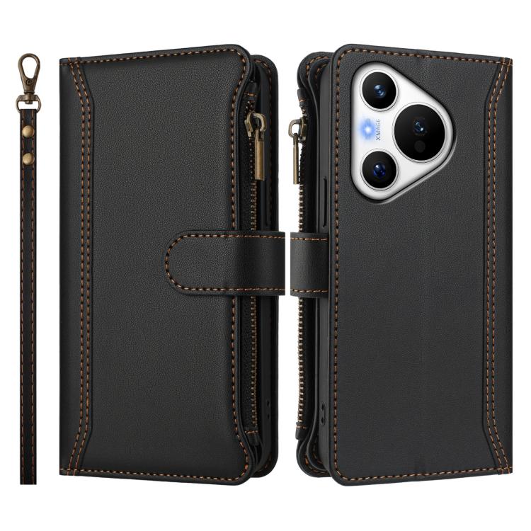 For Huawei Pura 70 Magnetic Closure 9 Card Slots Zipper Leather Case with Hand Strap