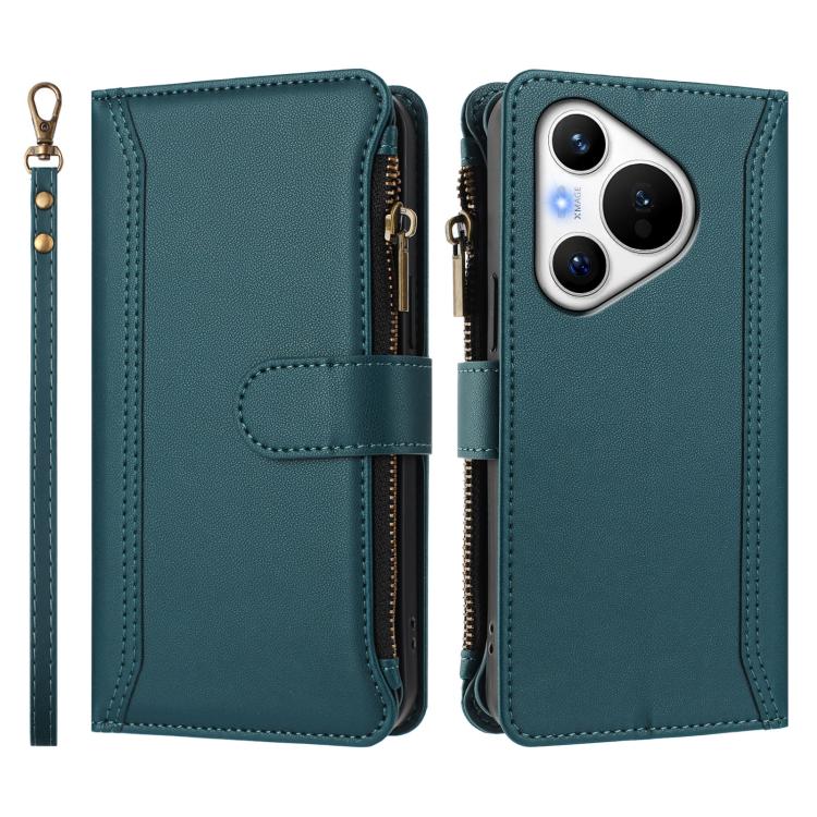 For Huawei Pura 70 Magnetic Closure 9 Card Slots Zipper Leather Case with Hand Strap