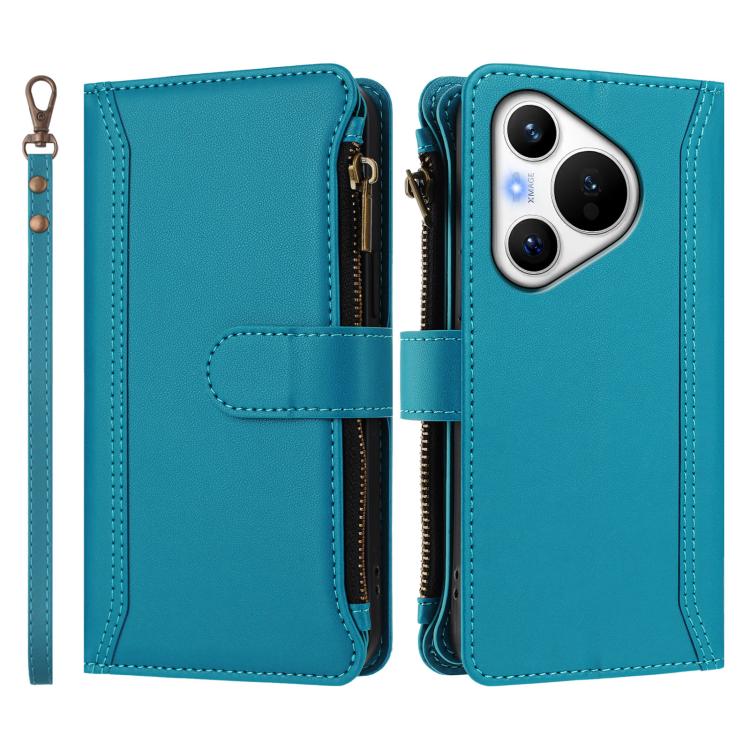 For Huawei Pura 70 Magnetic Closure 9 Card Slots Zipper Leather Case with Hand Strap
