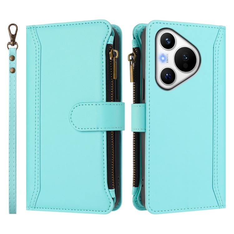 For Huawei Pura 70 Magnetic Closure 9 Card Slots Zipper Leather Case with Hand Strap