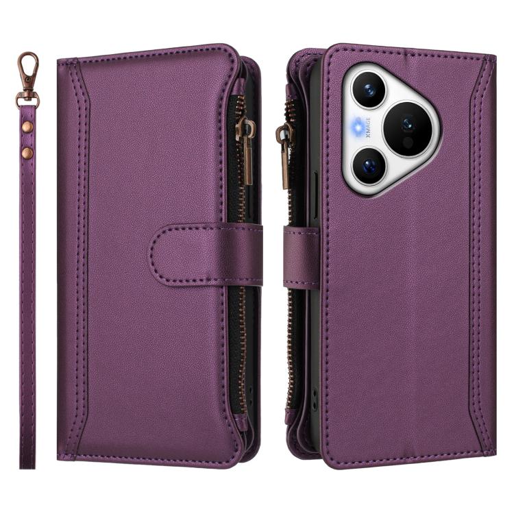 For Huawei Pura 70 Magnetic Closure 9 Card Slots Zipper Leather Case with Hand Strap