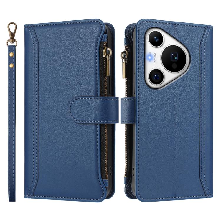 For Huawei Pura 70 Pro 5G / 70 Pro+ 5G Magnetic Closure 9 Card Slots Zipper Leather Case with Hand Strap