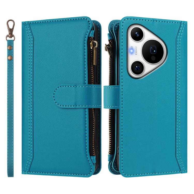 For Huawei Pura 70 Pro 5G / 70 Pro+ 5G Magnetic Closure 9 Card Slots Zipper Leather Case with Hand Strap