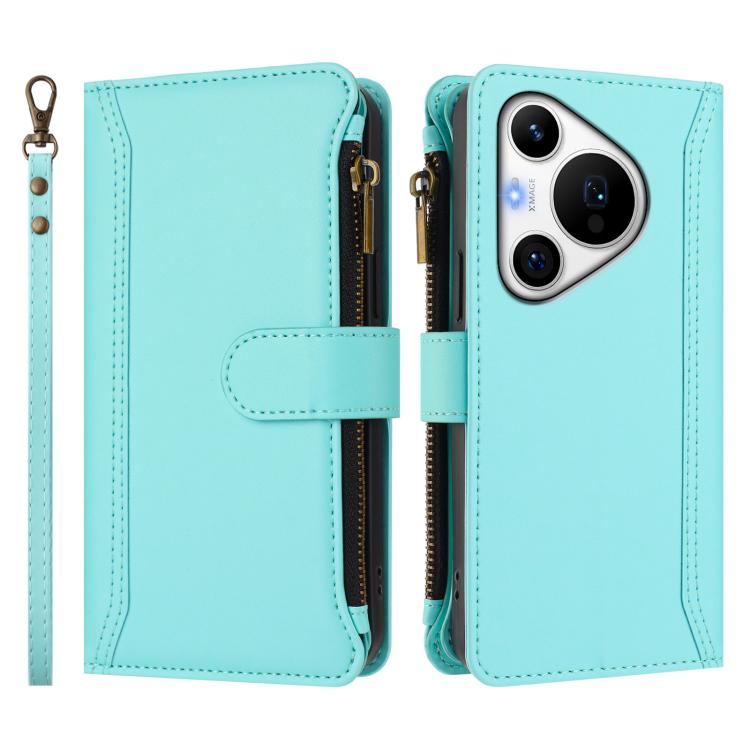 For Huawei Pura 70 Pro 5G / 70 Pro+ 5G Magnetic Closure 9 Card Slots Zipper Leather Case with Hand Strap