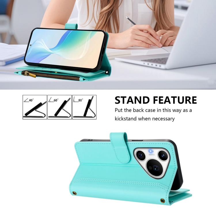 For Huawei Pura 70 Pro 5G / 70 Pro+ 5G Magnetic Closure 9 Card Slots Zipper Leather Case with Hand Strap