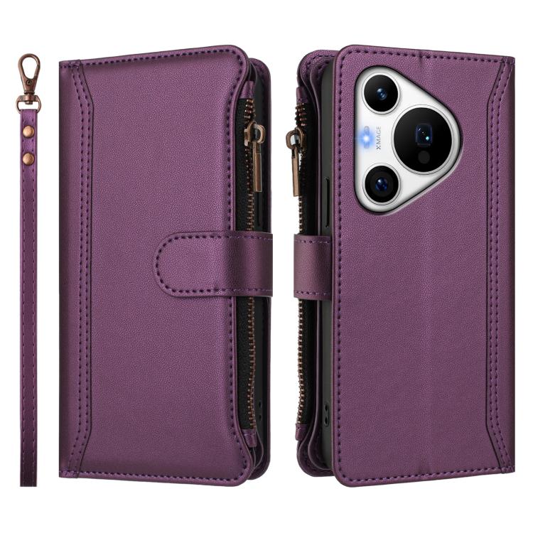 For Huawei Pura 70 Pro 5G / 70 Pro+ 5G Magnetic Closure 9 Card Slots Zipper Leather Case with Hand Strap