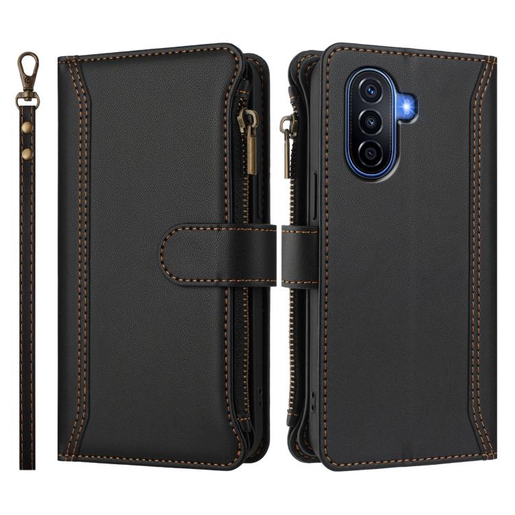 For Huawei Enjoy 50 4G Magnetic Closure 9 Card Slots Zipper Leather Case with Hand Strap