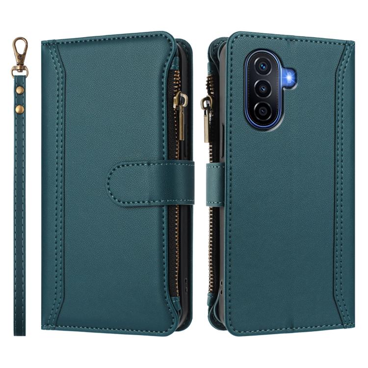 For Huawei Enjoy 50 4G Magnetic Closure 9 Card Slots Zipper Leather Case with Hand Strap
